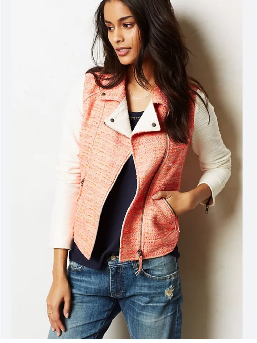 Anthropologie elevenses Blushed Tweed Moto Jacket - Coral Pink
